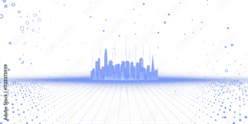 Poster futuristic blue city skyline hologram on white, grid layout, abstract tech design concept, surrounde