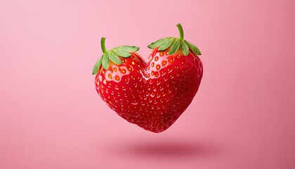 Strawberry heart-shaped floating in the air, isolated on the pink background