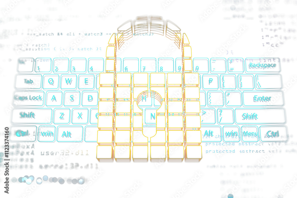 Poster Abstract digital padlock over keyboard outline with coding background, holographic style, on white. Concept of cybersecurity and protection. 3D Rendering.