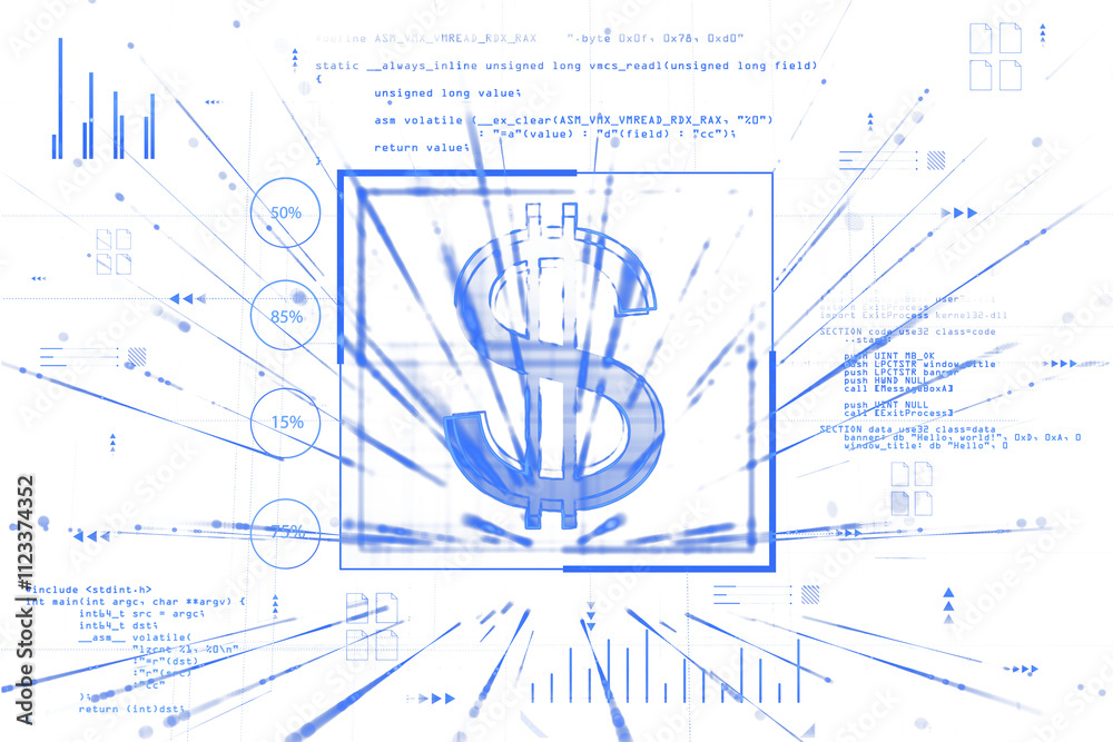 Aufkleber a digital dollar sign hologram with glowing blue outlines, technical lines, data elements, and abstr