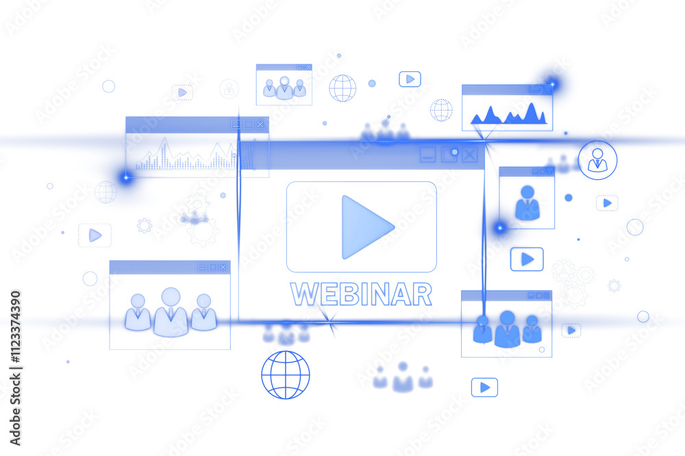 Poster digital webinar interface featuring icons, graphs, global connections, and play buttons in neon blue