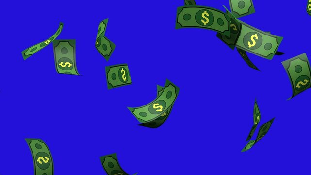 Cartoon dollar bill falling blue screen 4k animation footage