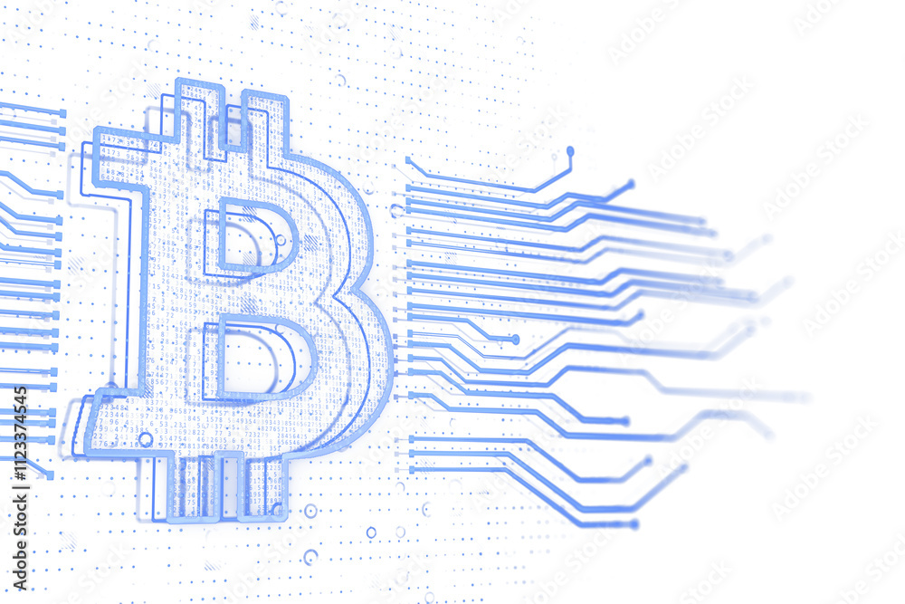 Aufkleber Bitcoin symbol with blue circuit lines extending on a white background, digital style, clean layout, concept of blockchain and cryptocurrency. 3D Rendering.