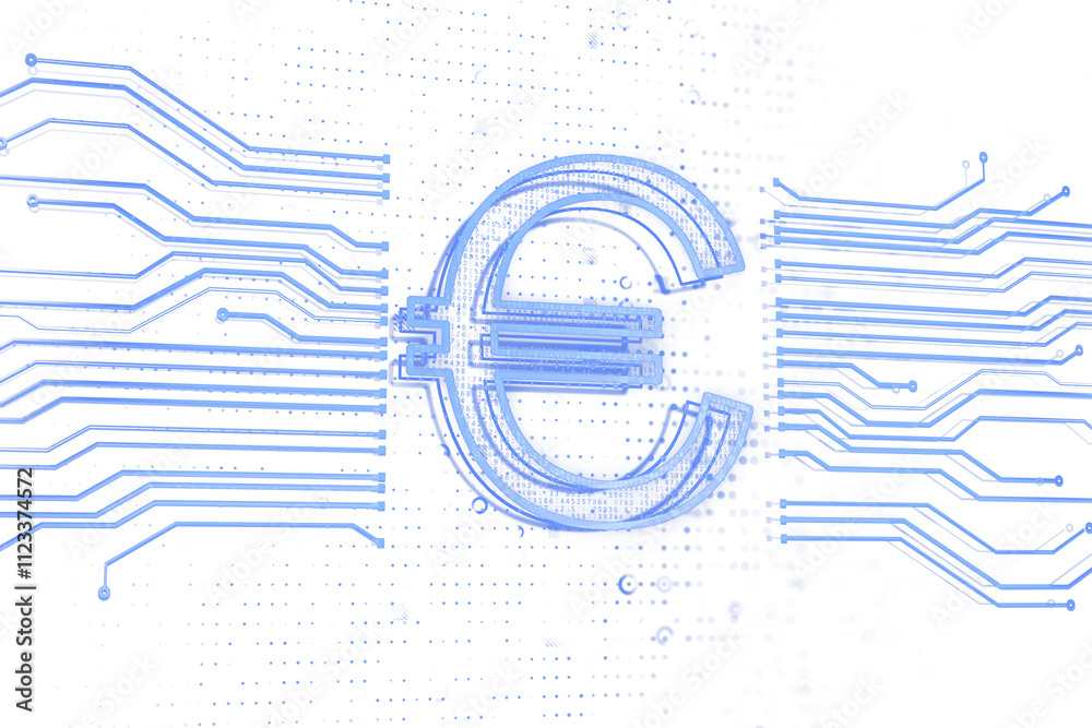 Poster euro currency symbol formed by blue digital circuit lines, futuristic tech style, placed on a white 