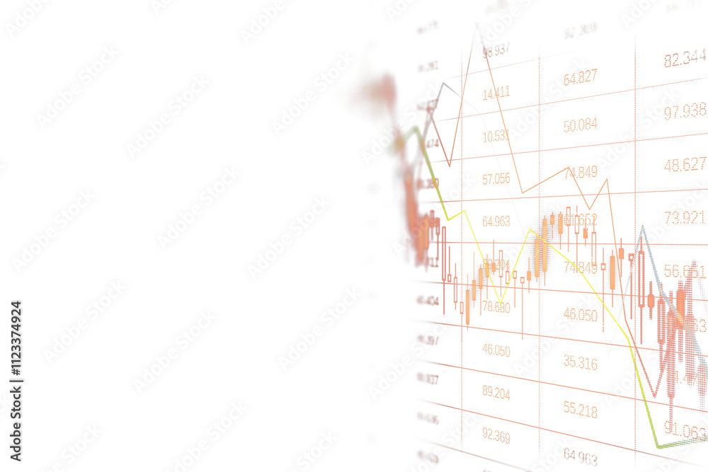 Poster stock market chart featuring graphs, colorful lines, and numerical data on a white background, repre