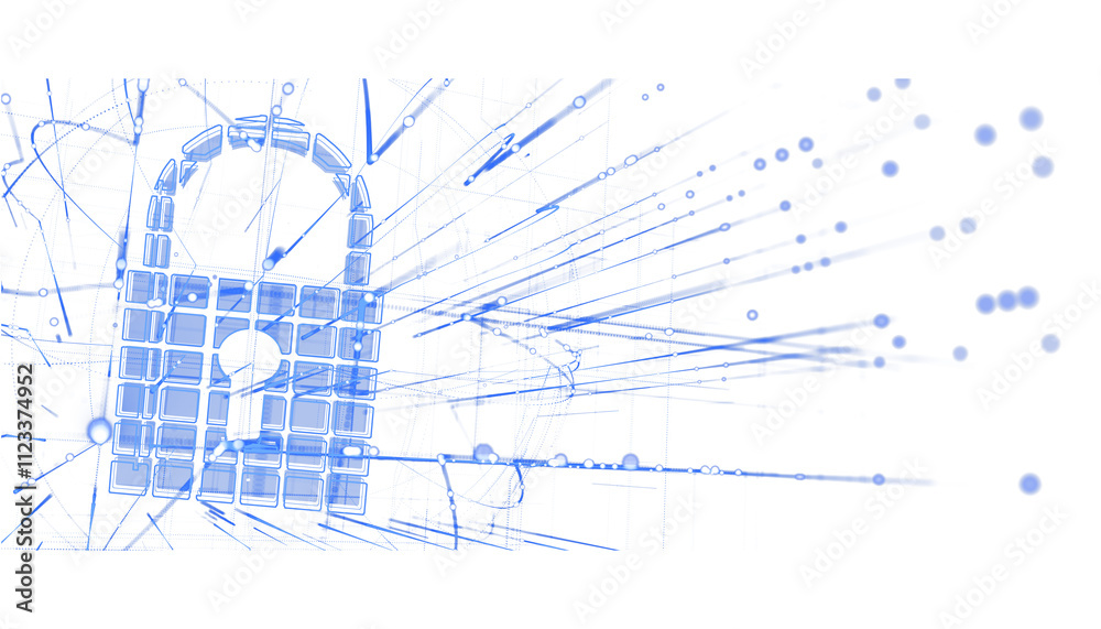 Aufkleber Digital padlock graphic with blue lines, tech style on white background, representing cybersecurity and data protection concepts. 3D Rendering.