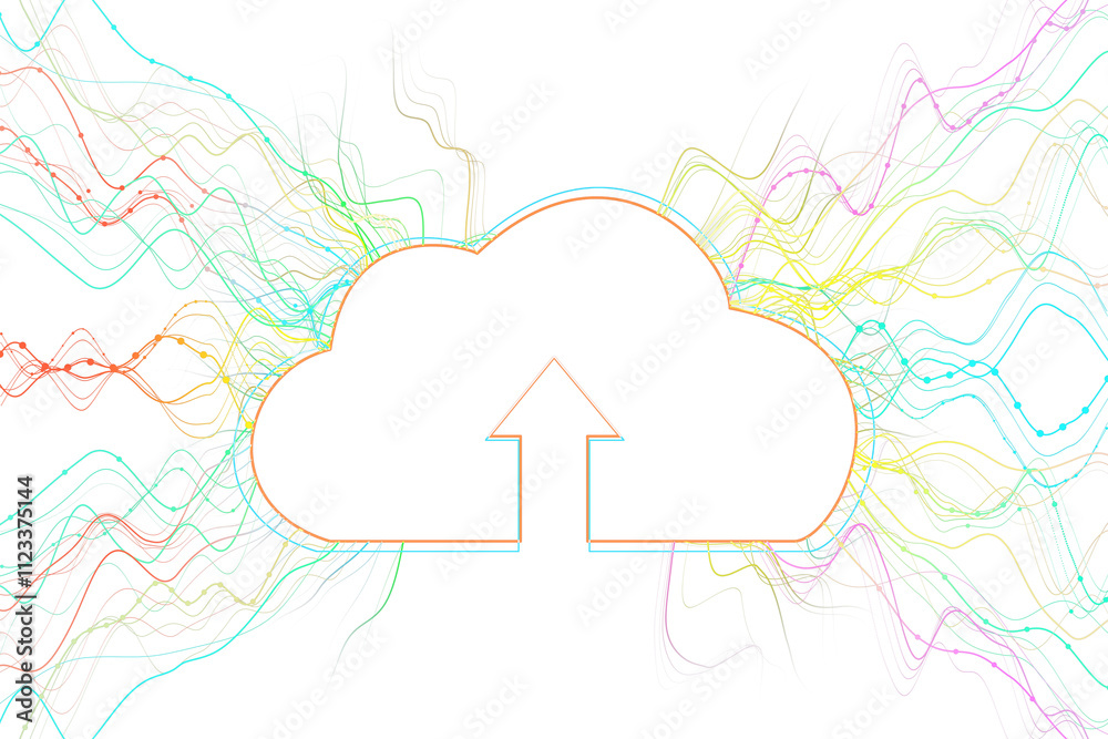 Aufkleber Abstract cloud icon with an upward arrow surrounded by colorful digital wave patterns, on a clean white background, symbolizing data transfer. 3D Rendering.
