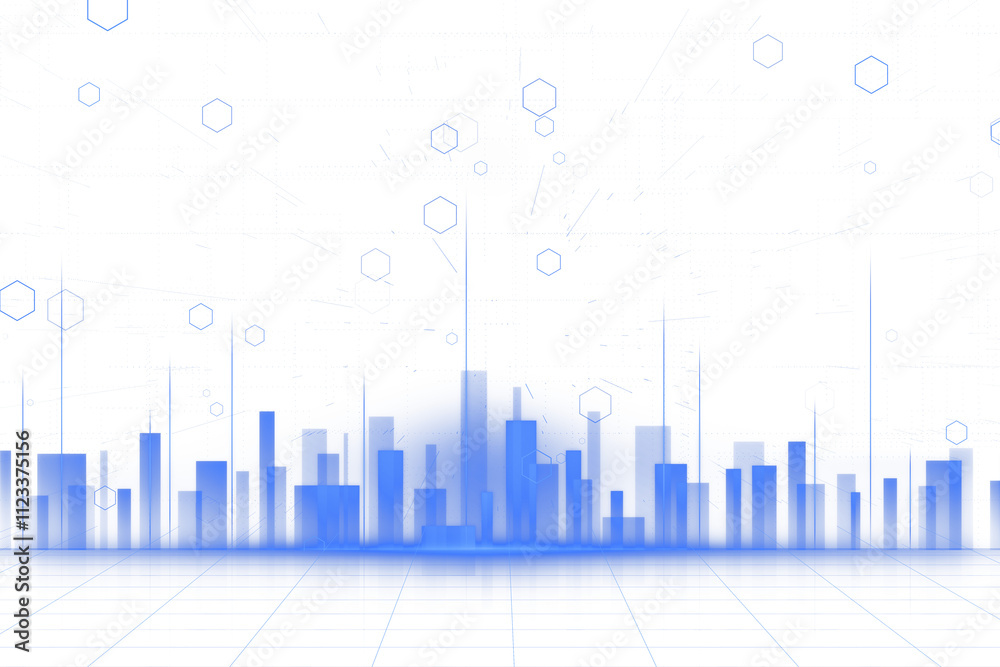 Poster digital cityscape with blue skyscrapers, hexagonal outlines, and holographic elements on a white bac
