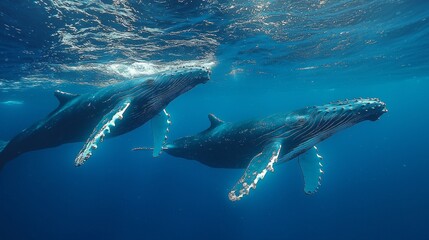 Fototapeta premium Two humpback whales glide effortlessly beneath a shimmering surface, showcasing their grandeur in the deep blue Pacific waters
