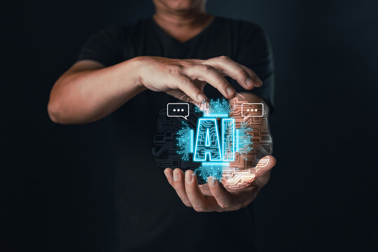 Digital artificial intelligence technology revolution concept,a man interact with AI chatbot command prompt,showcase big data storage and AI driven management service for business technology support