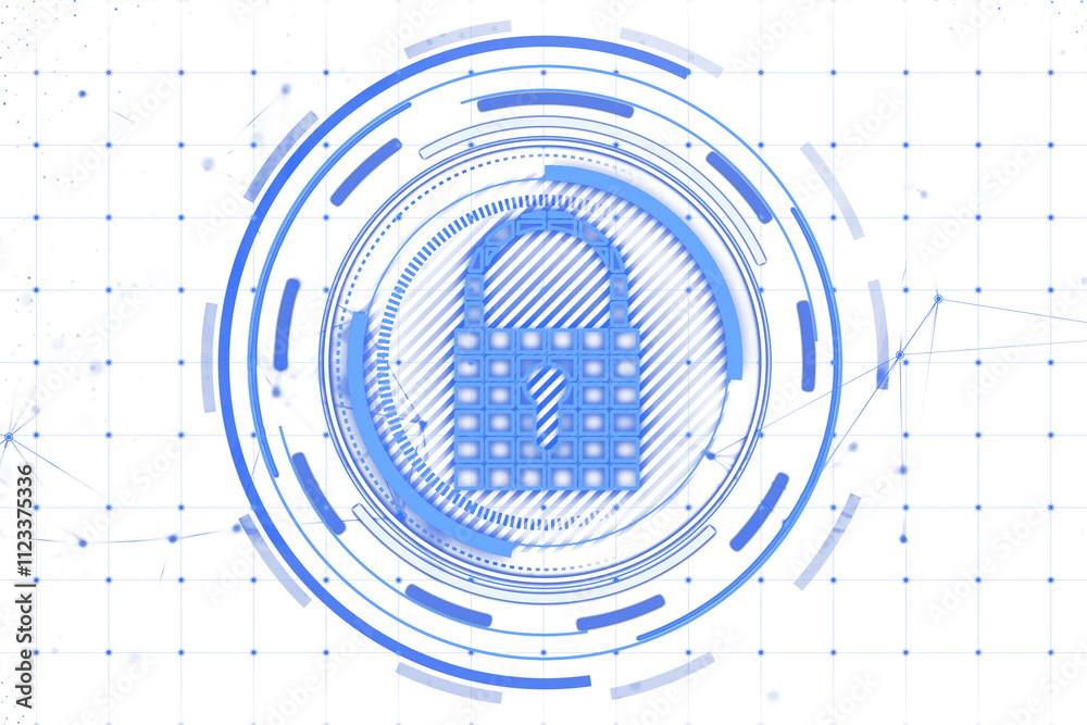 Poster Blue digital padlock surrounded by neon circular elements on a light grid background, symbolizing cybersecurity and technology concepts. 3D Rendering.
