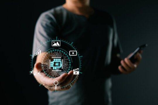 professional interacts with a glowing AI interface, highlighting its role in marketing and content creation, showcasing innovation, efficiency, and the transformative power of artificial intelligence.