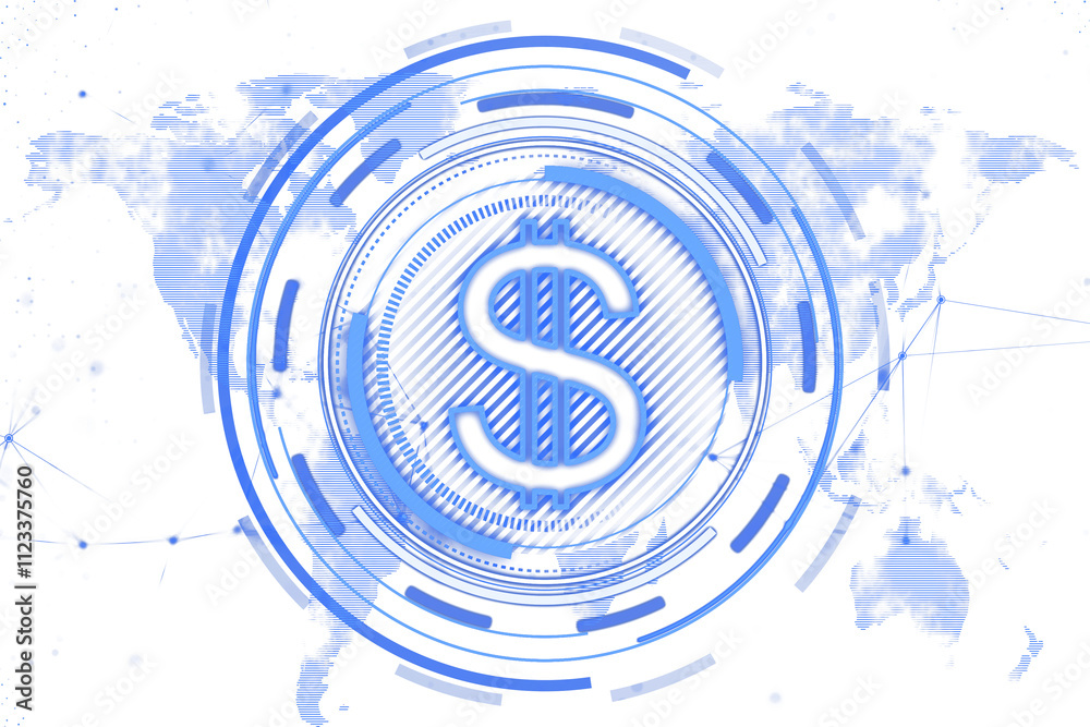 Poster Digital dollar symbol surrounded by neon circular lines, abstract world map in translucent blue, white background, concept of tech currency. 3D Rendering.