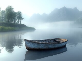Obraz premium A serene boat on a calm lake surrounded by misty mountains.