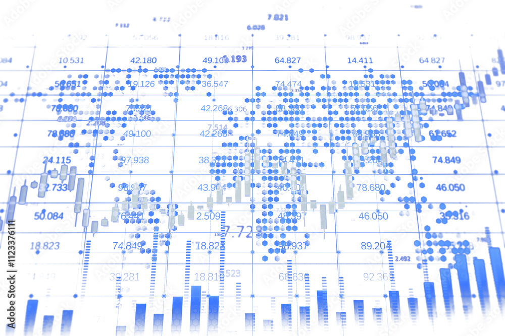 Leinwandbilder Digital data visualization with hexagonal patterns, bar graphs, and numerical values in blue tones on a clean white background. Concept of analysis. 3D Rendering.