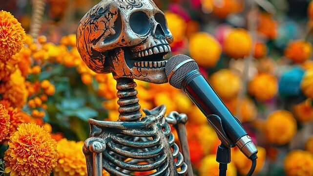 During the Dia de los Muertos festival, a skeleton holding a microphone is surrounded by marigolds and autumnal decorations.