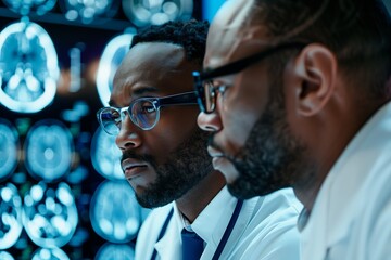 Two focused scientists examine brain scans in a medical research setting.