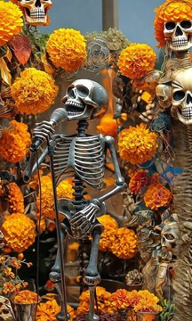 During the Dia de los Muertos festival, a skeleton holding a microphone is surrounded by marigolds and autumnal decorations.