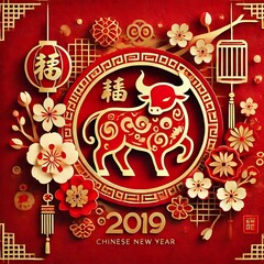 Festive Red Ox Symbol Chinese New Year 2019 Design