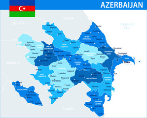 Azerbaijan Map Vector Blue Spot - Customizable layered political map of Azerbaijan with administrative divisions for website, education, reports, news, politics, print, poster and wallpaper