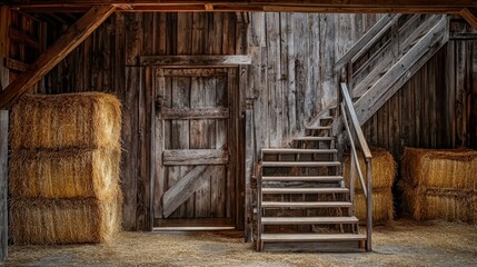 Naklejka premium Rustic Barn Interior with Hay Bales and Wooden Steps