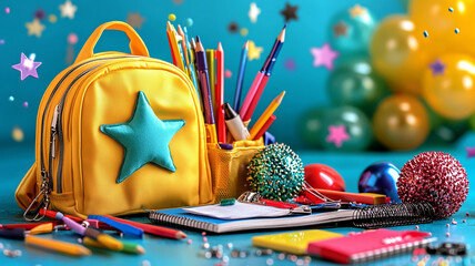 Bright yellow backpack with colorful school supplies, including pencils, markers, and notebooks, set against vibrant background of balloons and confetti, creating cheerful atmosphere
