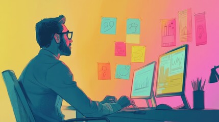 digital business strategy flat design side view planning session cartoon drawing colored pastel 