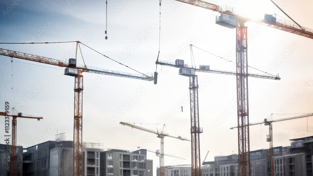 Poster multiple construction cranes working on a new residential development project, silhouetted against a
