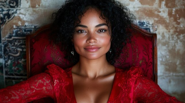 Confident young African American woman seated in her chair with a bright smile, conveying happiness and a relaxed mood in a stylish and well-lit setting