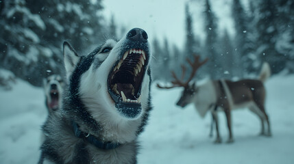 A pack of excited huskies barking before the start of a sledding adventure while reindeer graze calmly in the background.