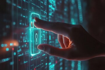 Hand interacting with holographic padlock icon for cybersecurity and data protection