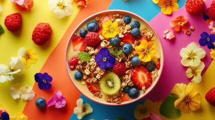 Colorful Fruit Bowl with Granola and Edible Flowers on Bright Background