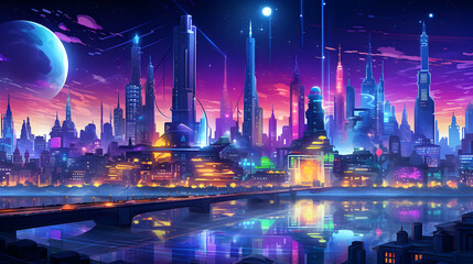 Obraz premium Vibrant futuristic cityscape at sunset, reflecting in a calm river. Neon lights illuminate towering skyscrapers and bridges under a large moon.