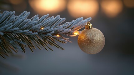 Macro view of a Christmas tree branch with frosted pine needles and a glittering gold bauble softly illuminated by glowing holiday lights