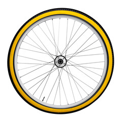 Bicycle tire and wheel yellow rim isolated on white background.