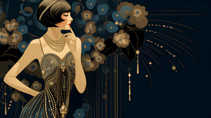 A glamorous woman in a beaded flapper dress, reminiscent of the roaring twenties.  She gazes thoughtfully, exuding elegance and mystery.