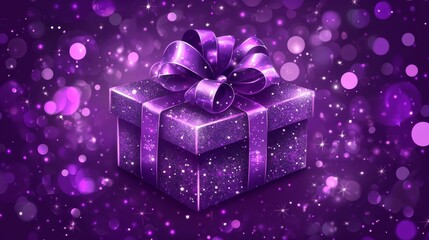Fototapeta premium Christmas Gift Box Against Purple Bokeh Background, Holiday Greeting Card Generative AI