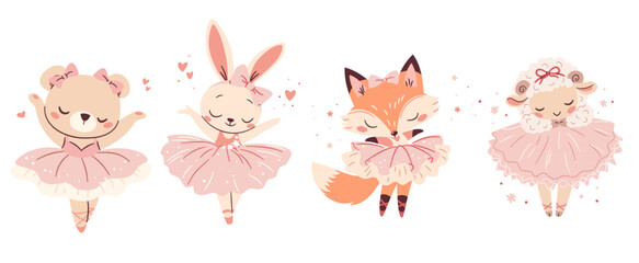 A set of flat vector illustrations in a simple children's style. Cute animals doing ballet, rabbit sheep bear cub and fox in pink ballet tutus. Vector illustration © Alena