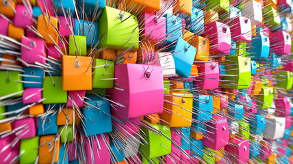 Colorful bulletin board filled with notes and reminders, featuring vibrant squares and paper clips, creating lively and engaging atmosphere for communication and organization