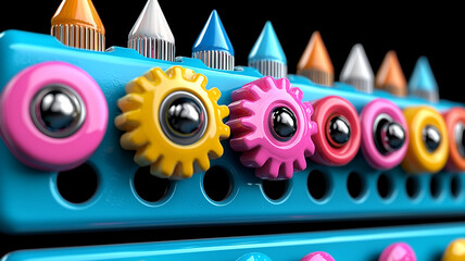 Colorful art supplies arranged in playful manner, featuring vibrant crayons and gears. This captures creativity and fun in classroom setting
