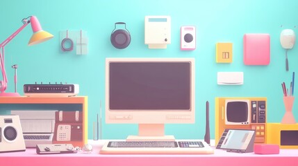 Fototapeta premium technology gadgets showcase flat design front view innovation theme animation colored pastel