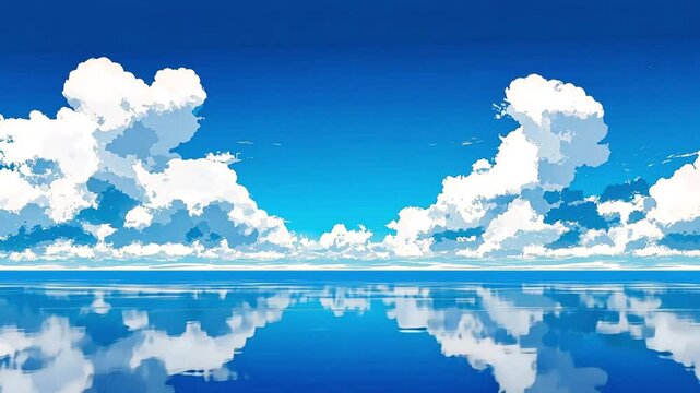 A stunning anime-style sky with fluffy white clouds perfectly reflected on calm blue water. Concept of serenity and the boundless beauty of nature in anime art.