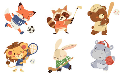 A set of flat vector illustrations in a simple children's style. Cute animals playing sports, fox in soccer, raccoon in golf, hippo in basketball, hare in hockey, lion in tennis, bear in American