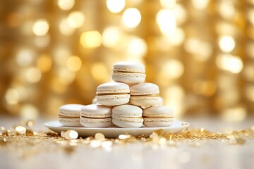 Gold and white elegant and luxurious French macarons at a New Year's Eve night party. Food photography