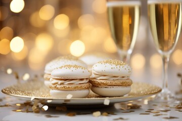 Gold and white elegant and luxurious French macarons at a New Year's Eve night party. Food photography