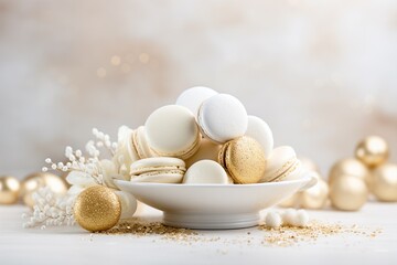 Gold and white elegant and luxurious French macarons at a New Year's Eve night party. Food photography