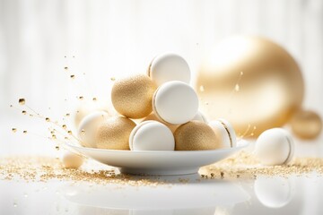 Gold and white elegant and luxurious French macarons at a New Year's Eve night party. Food photography