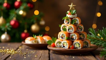 Christmas tree of different sushi and rolls on a festive background