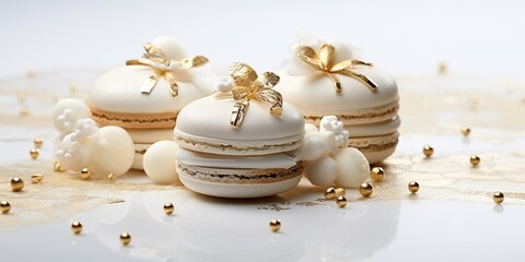 Gold and white elegant and luxurious French macarons at a New Year's Eve night party. Food photography