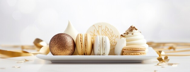 Gold and white elegant and luxurious French macarons at a New Year's Eve night party. Food photography